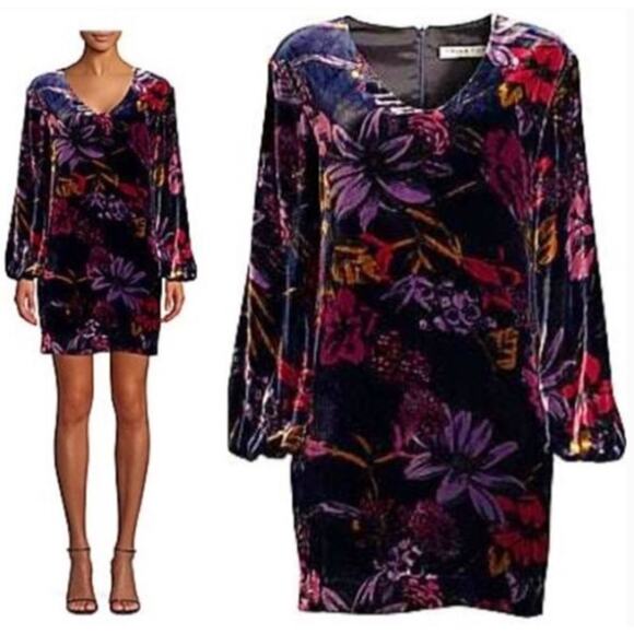 Trina Turk Dress Eclair Crushed Velvet Burnout Floral Long Sleeve Floral Small - Picture 1 of 9